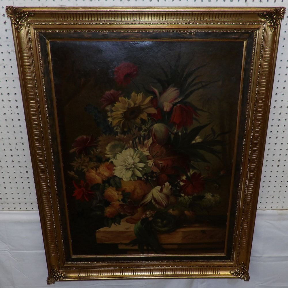 Antique Gilded Frame Oil on Board Still Life: Antique Gilded Frame Oil on Board Still Life . 46" x 36 1/2" "ALL DESCRIPTIONS AND ANY CONDITION STATEMENT GIVEN BY LANGSTON AUCTION GALLERY ARE STRICTLY OPINIONS AND LANGSTON'S SHALL HAVE NO