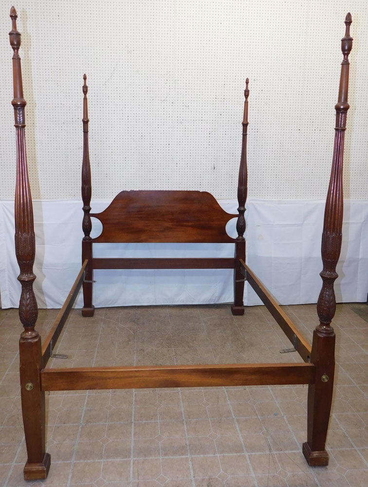 Mahogany Rice Carved Four Post Full Size Bed with Rails: Mahogany Rice Carved Four Post Full Size Bed with Rails . 86 3/4" H 60" W "ALL DESCRIPTIONS AND ANY CONDITION STATEMENT GIVEN BY LANGSTON AUCTION GALLERY ARE STRICTLY OPINIONS AND LANGSTON'S SHALL HAV