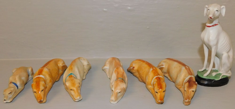 Six Hand Painted Porcelain Whippets: Six Hand Painted Porcelain Whippets . 4 1/4" H 2 1/2" W "ALL DESCRIPTIONS AND ANY CONDITION STATEMENT GIVEN BY LANGSTON AUCTION GALLERY ARE STRICTLY OPINIONS AND LANGSTON'S SHALL HAVE NO