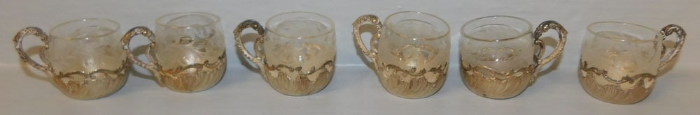 Lot of Six Etched Glass Lined & Unmarked Demitasse Cups: Lot of Six Etched Glass Lined & Unmarked Demitasse Cups. 1 1/2" H 2" W "ALL DESCRIPTIONS AND ANY CONDITION STATEMENT GIVEN BY LANGSTON AUCTION GALLERY ARE STRICTLY OPINIONS AND LANGSTON'S SHALL HAVE