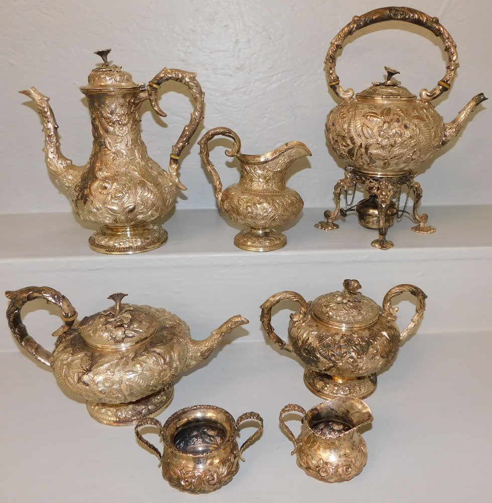 Seven Piece Sterling Repousse Tea Service by Kirk & Son, Sugar & Creamer by Stieff 160.3 ozt. (1 of 10)