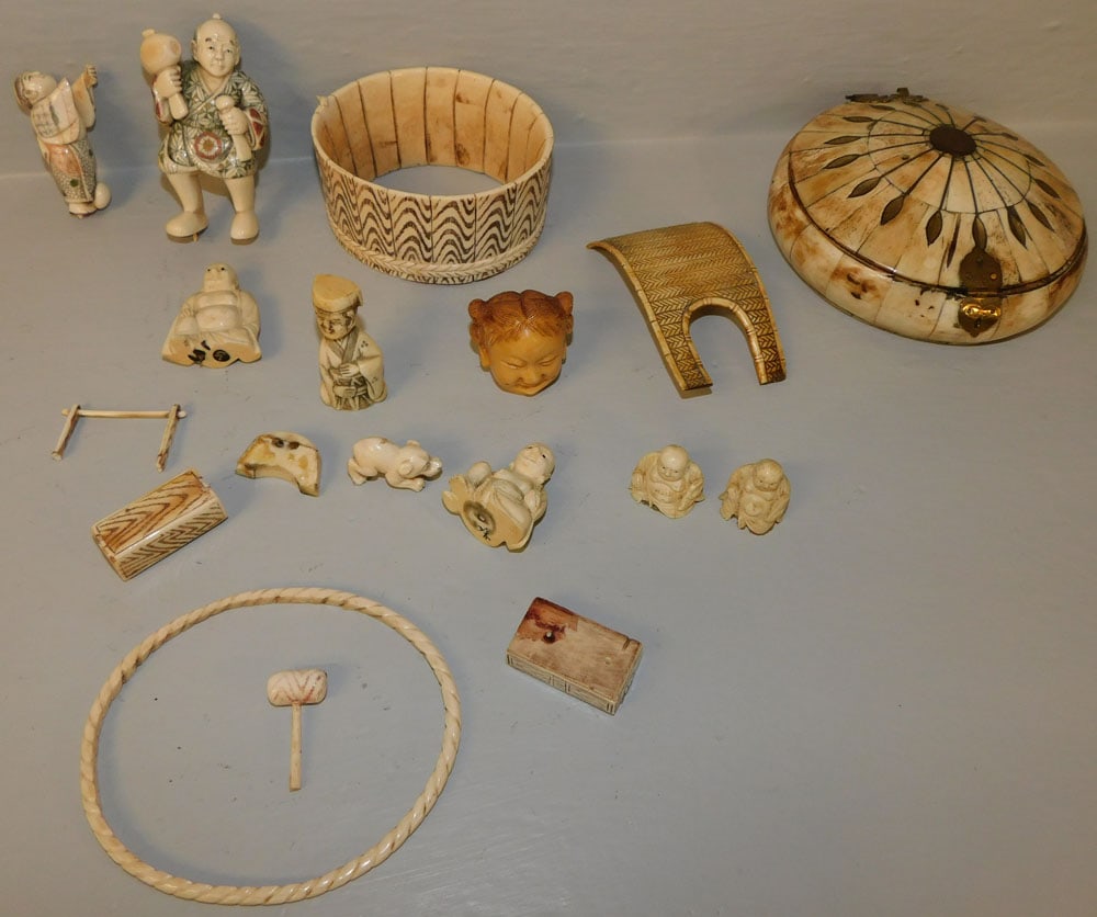 Lot of Carved Bone Items: Lot of Carved Bone Items . Up to 5 3/4" Dia. "ALL DESCRIPTIONS AND ANY CONDITION STATEMENT GIVEN BY LANGSTON AUCTION GALLERY ARE STRICTLY OPINIONS AND LANGSTON'S SHALL HAVE NO RESPONSIBILITY FOR