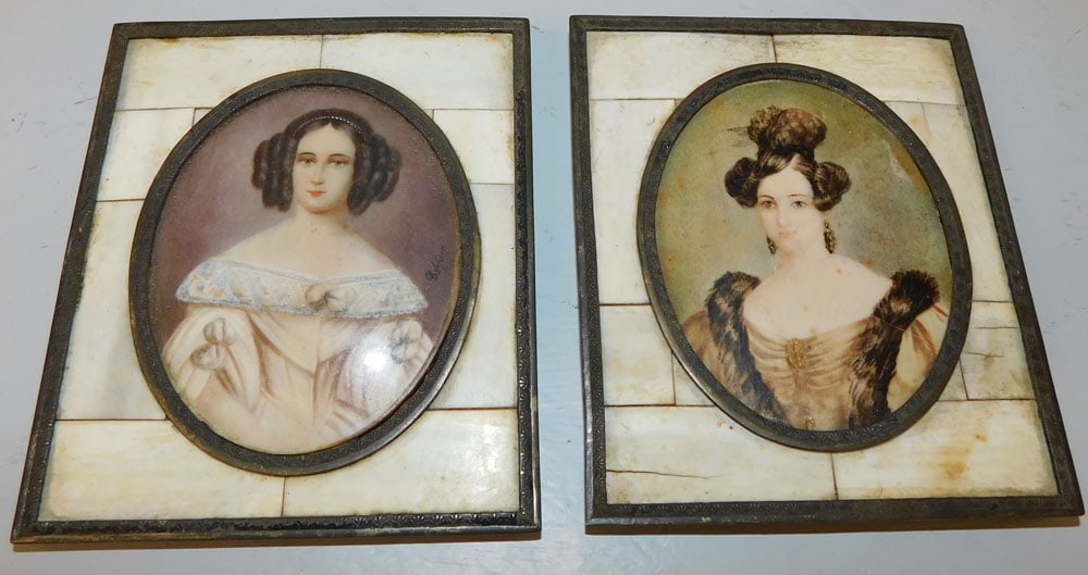 Two Antique Framed Hand Painted Portraits on Bone (1 of 2)