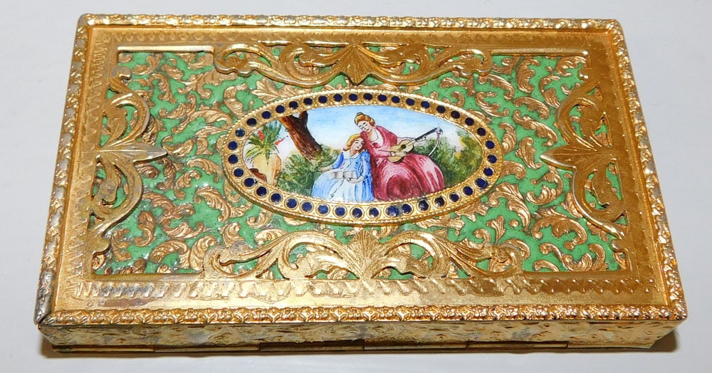 Gilded Metal Italian Cigarette Box with Porcelain Plaque (1 of 3)