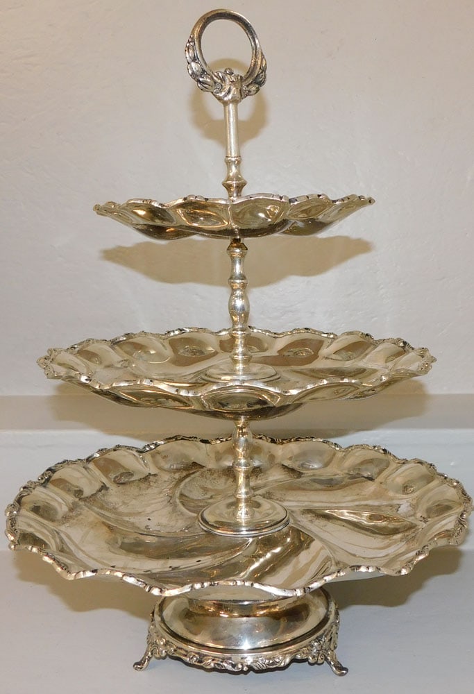 Ornate Edge Marked 925 Silver Hallmarked Three Tier Epergne: Ornate Edge Marked 925 Silver Hallmarked Three Tier Epergne. 21 1/2" H 15 1/2" Dia. "ALL DESCRIPTIONS AND ANY CONDITION STATEMENT GIVEN BY LANGSTON AUCTION GALLERY ARE STRICTLY OPINIONS AND LANGSTON'S