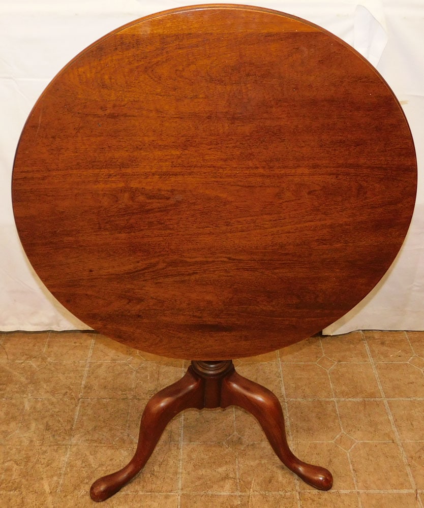 Round Mahogany Queen Anne Style Tilt Top Table with Bird Cage Form Pedestal (1 of 5)