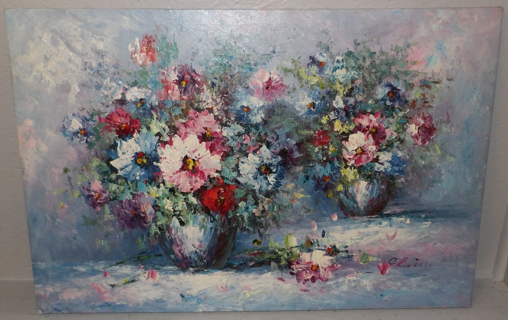 Oil on Canvas Still Life Signed: Oil on Canvas Still Life Signed . 23 1/2" x 35" ALL DESCRIPTIONS AND ANY CONDITION STATEMENT GIVEN BY LANGSTON AUCTION GALLERY ARE STRICTLY OPINIONS AND LANGSTON'S SHALL HAVE NO RESPONSIBILITY FOR