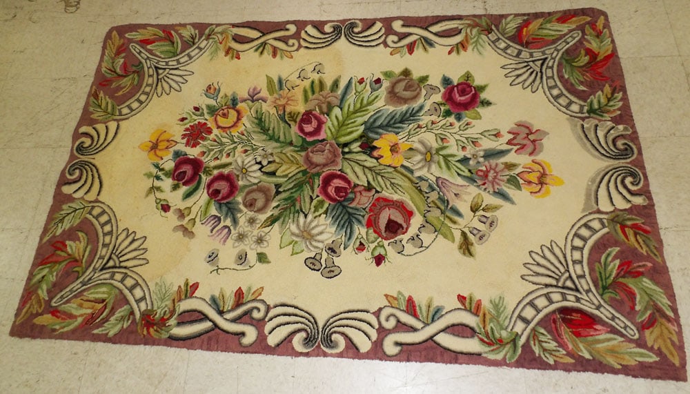 3' 11" x 6' 2" Antique Hook Rug: 3' 11" x 6' 2" Antique Hook Rug. ALL DESCRIPTIONS AND ANY CONDITION STATEMENT GIVEN BY LANGSTON AUCTION GALLERY ARE STRICTLY OPINIONS AND LANGSTON'S SHALL HAVE NO RESPONSIBILITY FOR ERRORS OR