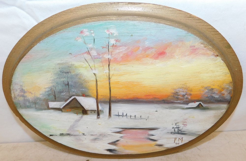 Hand Painted Pine Panel Snow Scene: Hand Painted Pine Panel Snow Scene . 6" x 9" ALL DESCRIPTIONS AND ANY CONDITION STATEMENT GIVEN BY LANGSTON AUCTION GALLERY ARE STRICTLY OPINIONS AND LANGSTON'S SHALL HAVE NO RESPONSIBILITY FOR ERRORS