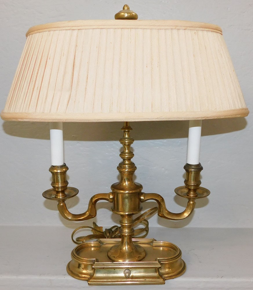 Brass Two Light Bouillotte Lamp by Fredrick Cooper: Brass Two Light Bouillotte Lamp by Fredrick Cooper . 18 3/4" H 17" W 9" D ALL DESCRIPTIONS AND ANY CONDITION STATEMENT GIVEN BY LANGSTON AUCTION GALLERY ARE STRICTLY OPINIONS AND LANGSTON'S SHALL HAVE