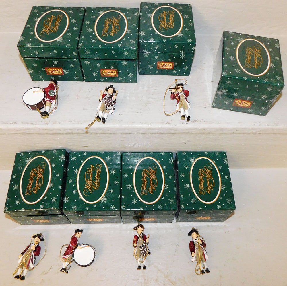 Eight Colonial Williamsburg "Lang & Wise" Christmas Ornaments: Eight Colonial Williamsburg "Lang & Wise" Christmas Ornaments . Box: 3" H 4 1/4" W 3 1/2" D ALL DESCRIPTIONS AND ANY CONDITION STATEMENT GIVEN BY LANGSTON AUCTION GALLERY ARE STRICTLY OPINIONS AND LAN