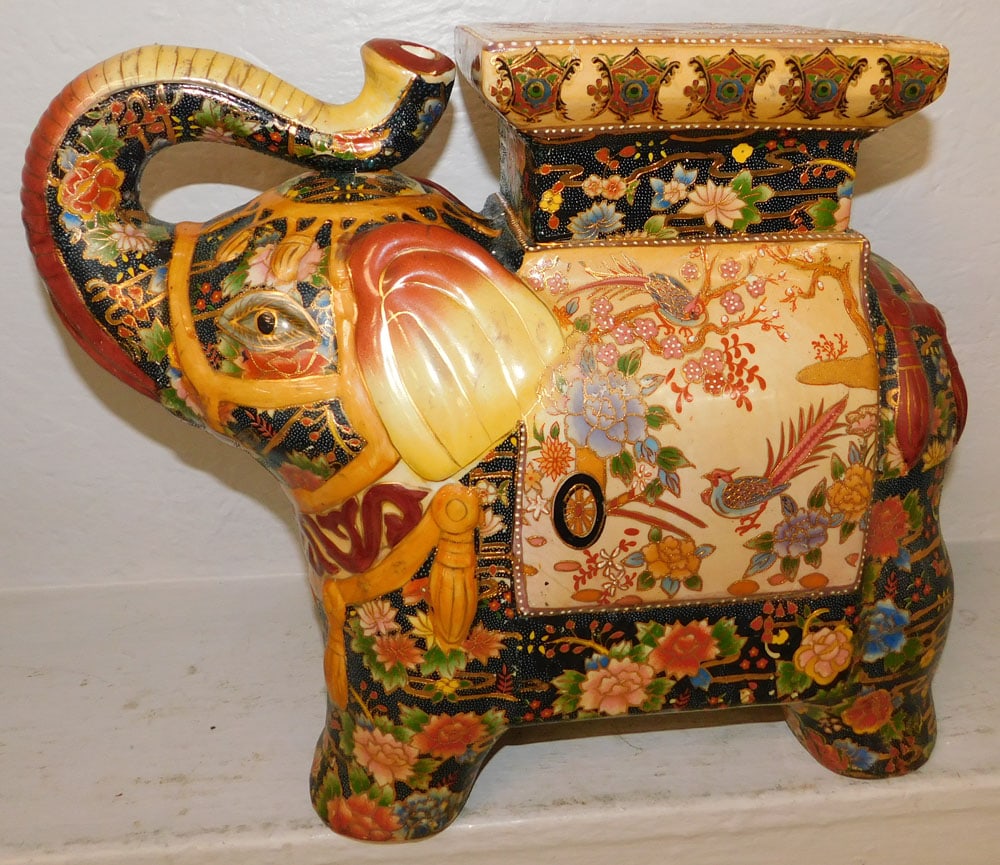 Satsuma Style Elephant Garden Seat: Satsuma Style Elephant Garden Seat . 14 1/2" H 17" W 8" D ALL DESCRIPTIONS AND ANY CONDITION STATEMENT GIVEN BY LANGSTON AUCTION GALLERY ARE STRICTLY OPINIONS AND LANGSTON'S SHALL HAVE NO
