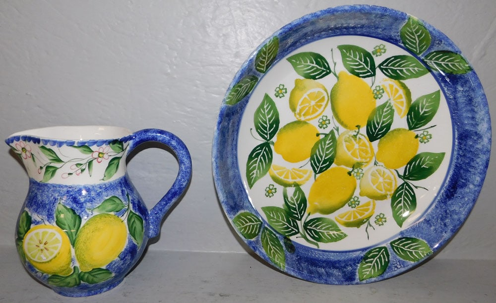 Hand Painted Italian Porcelain Bowl & Pitcher: Hand Painted Italian Porcelain Bowl & Pitcher . 14 1/4" Dia. ALL DESCRIPTIONS AND ANY CONDITION STATEMENT GIVEN BY LANGSTON AUCTION GALLERY ARE STRICTLY OPINIONS AND LANGSTON'S SHALL HAVE NO RESPONSIB
