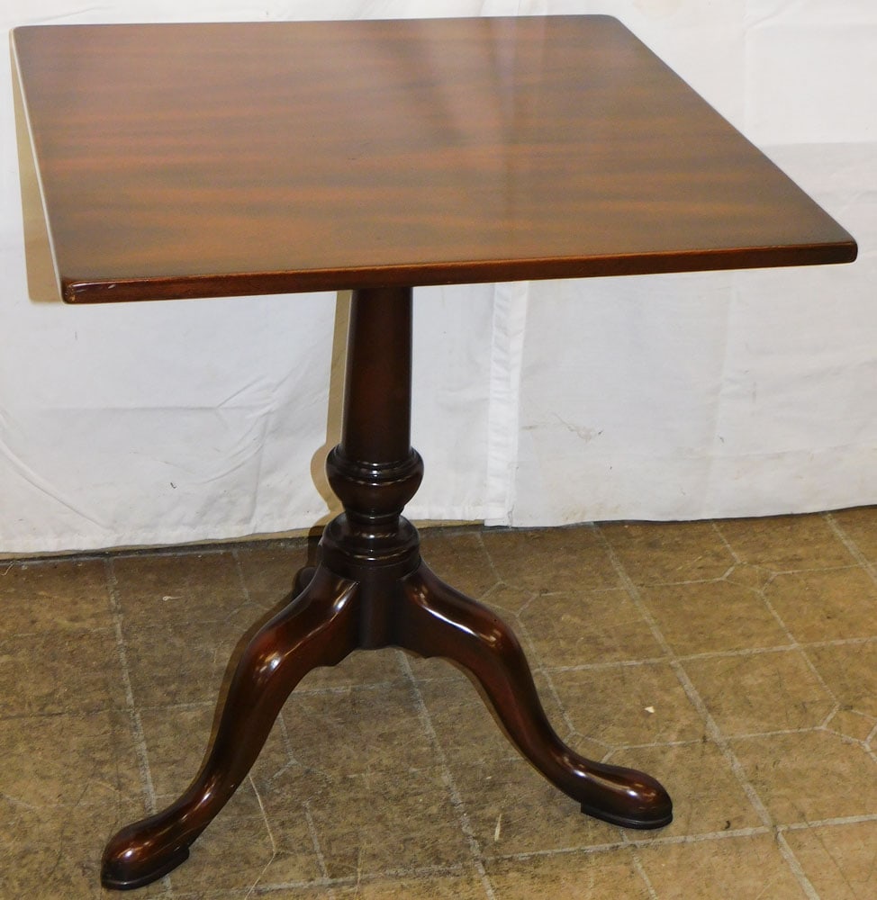 Mahogany Queen Anne Style Pedestal Base Table by Kittinger, " Williamsburg Adaptation": Mahogany Queen Anne Style Pedestal Base Table by Kittinger, " Williamsburg Adaptation". ALL DESCRIPTIONS AND ANY CONDITION STATEMENT GIVEN BY LANGSTON AUCTION GALLERY ARE STRICTLY OPINIONS AND LANGSTO