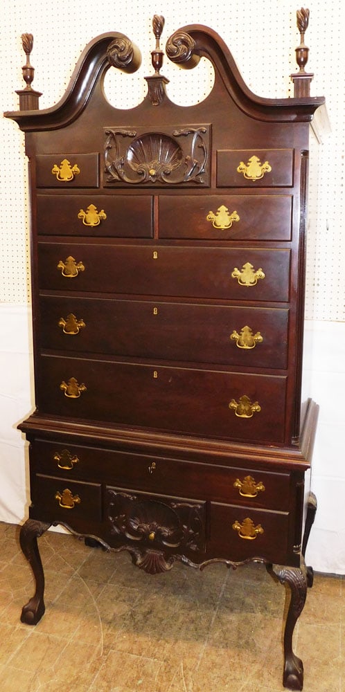 Carved Mahogany Chippendale Style Ball & Claw Highboy by Craftique: Carved Mahogany Chippendale Style Ball & Claw Highboy by Craftique . 81 1/2" H 39 1/4" W 20 1/2" D ALL DESCRIPTIONS AND ANY CONDITION STATEMENT GIVEN BY LANGSTON AUCTION GALLERY ARE STRICTLY OPINIONS 