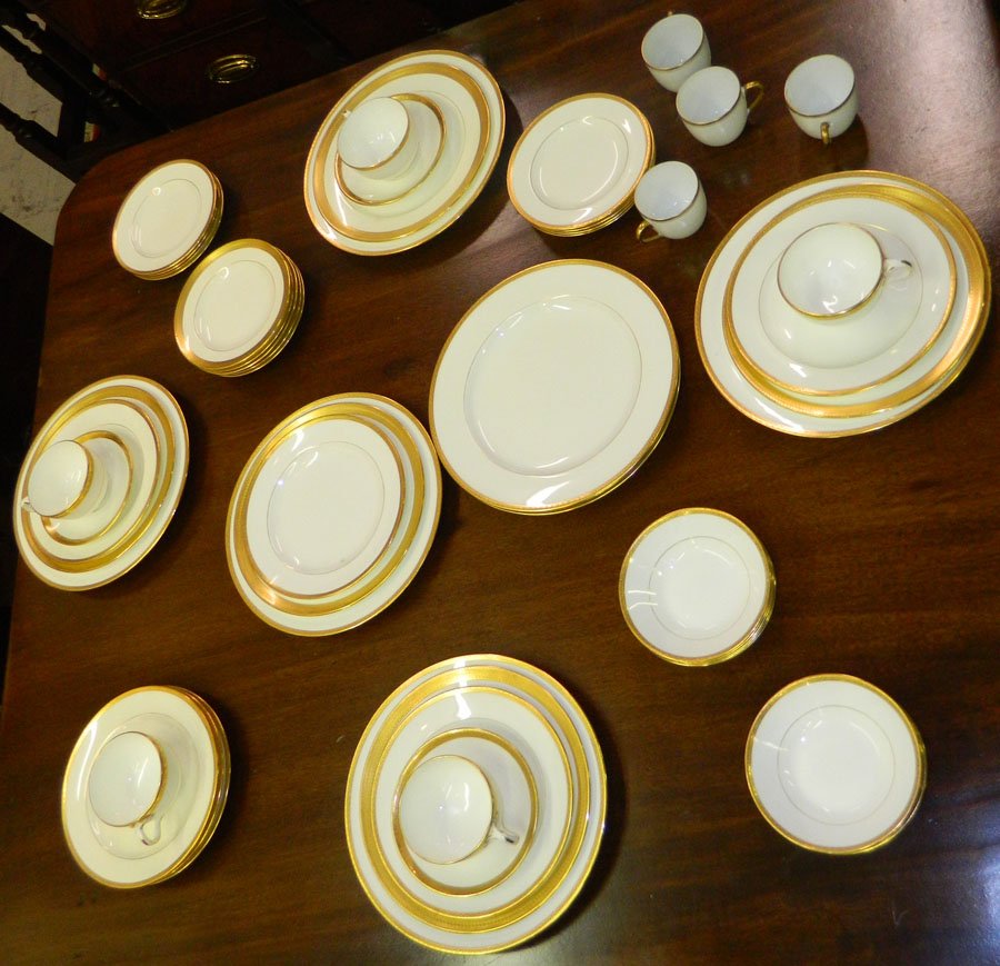 (56) Piece partial dinner set.: (56) Piece partial dinner set, gold wedding band pattern by Minton.
