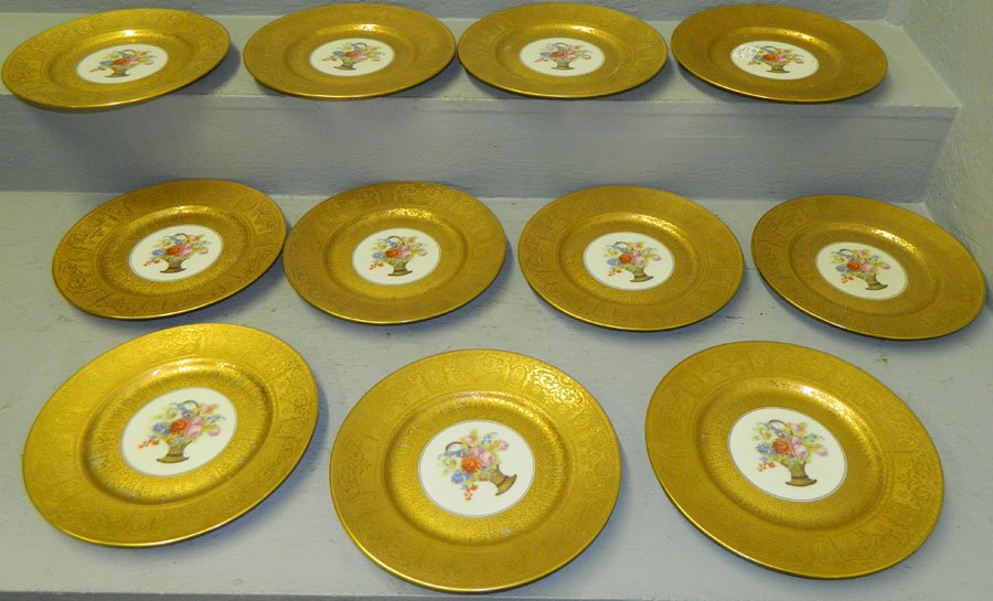 Set of 11 gold decorated Bavarian serving plates.: Set of 11 gold decorated Bavarian serving plates. 10 1/2" diameter.