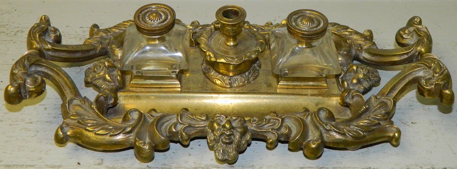 Brass ink well w/glass ink bottles & candlestick.: Brass ink well with glass ink bottles and a candlestick. 13" handle to handle.