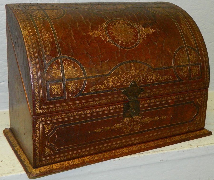 Tooled leather letter box.: Tooled leather letter box. 12 1/2" x 6" deep x 8 1/2" tall.