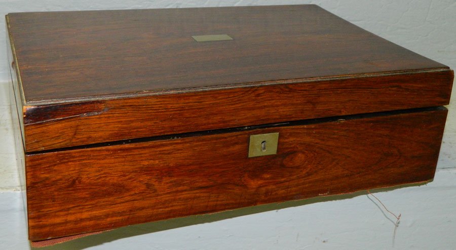 Rosewood sewing box with contents.: Rosewood sewing box with contents. 13" wide x 8 3/4" deep x 4" tall.