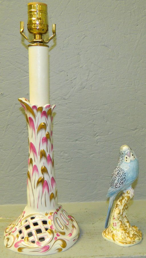 Herend lamp & a Royal Worcester parrot.: Herend candlestick lamp and a Royal Worcester parrot. Lamp 16" tall.