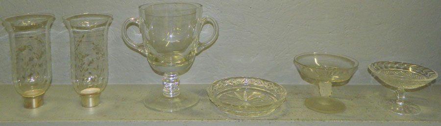 Etched shades, mug, (2) compotes & a coaster.: Pair of etched shades, a two handle mug, two compotes and a coaster.