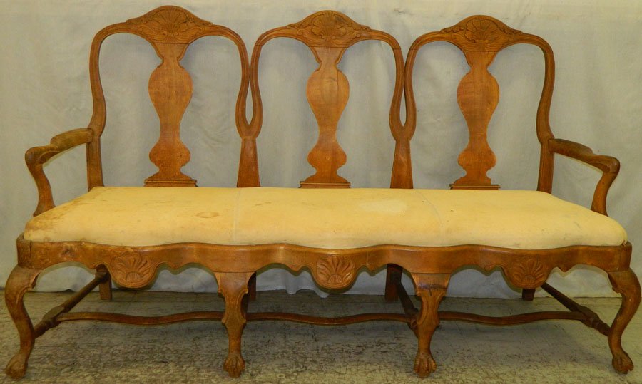 QA ball and claw three seat fruitwood settee.: Late 18th - early 19th Century Queen Anne ball and claw three seat fruitwood settee. 70" long.