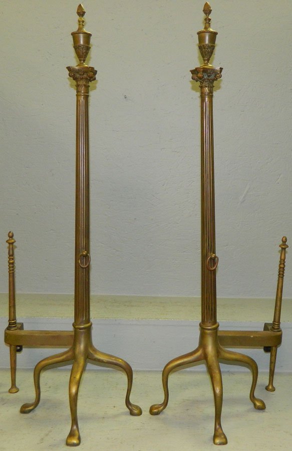Pair of tall French brass andirons.: Pair of tall French brass andirons. 36 1/2" tall.