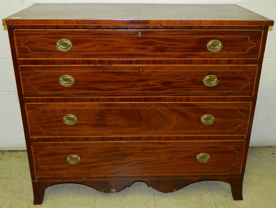 Cherry and mah inlaid HW Pennsylvania chest.: Cherry and mahogany inlaid Hepplewhite Pennsylvania chest with original pulls, found in Norfolk area. 42 1/4" wide x 19" deep x 36 3/4" tall.