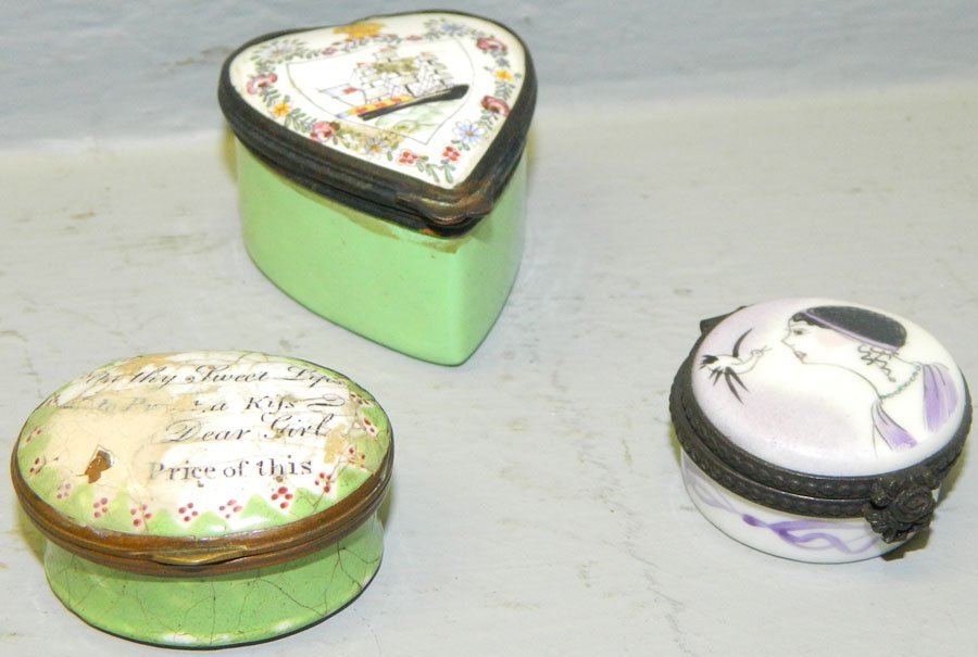 Three enamel battersea boxes.: Three enamel battersea boxes. 1 1/2" - 2".
