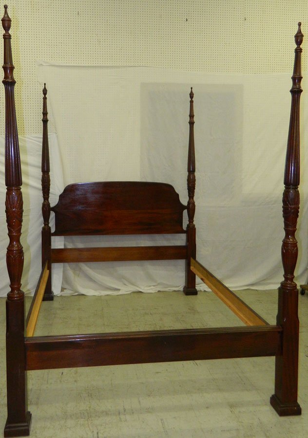 Wheat and reeded mah four poster queen bed.: Wheat and reeded mahogany four poster queen size bed from a Greenville estate.