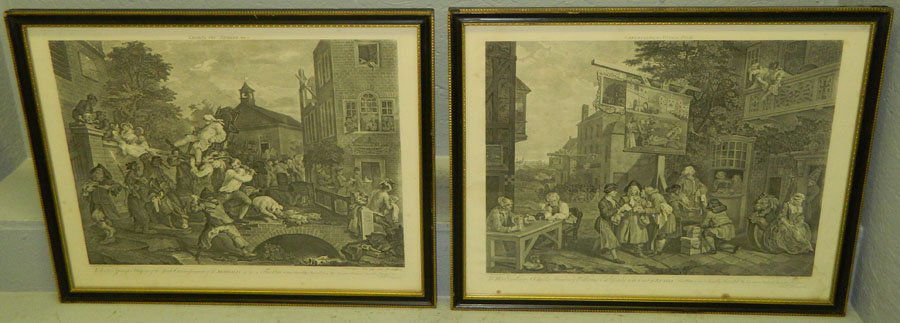 (2) William Hogarth prints/engravings.: William Hogarth prints or engravings, "Canvassing for Votes" and "Chairing the Members". 26" x 20 3/4".