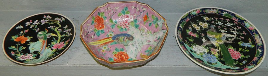 (3) Japanese pieces.: (3) Japanese pieces. Includes (1) Nippon bowl, (1) plate, and (1) charger. Bowl 9 1/2" diameter x 3 1/4" tall, plate 8 1/2" diameter, charger 11" diameter.
