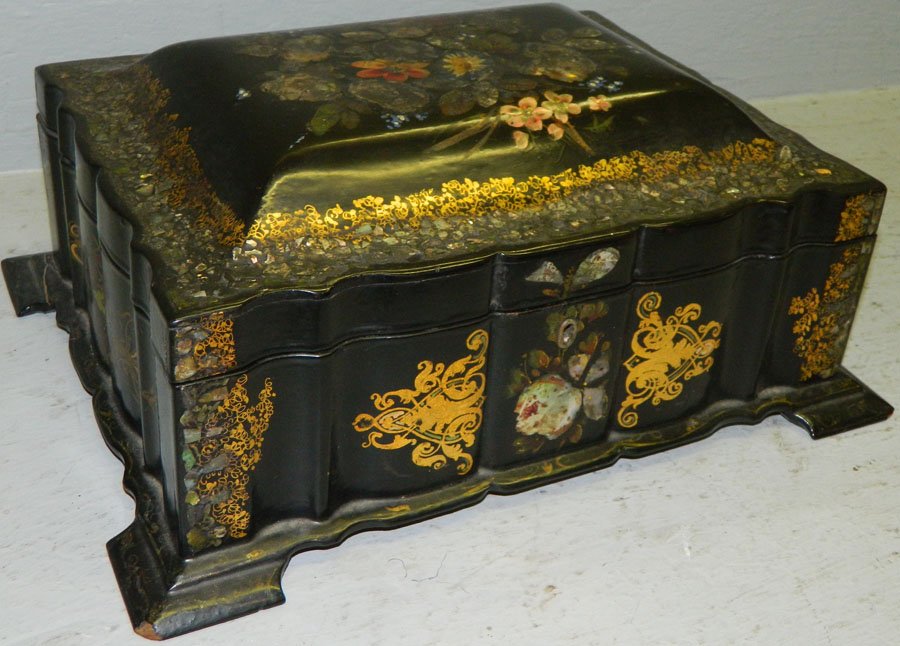 Papier mache and MOP inlaid dresser box.: Papier mache and mother of pearl inlaid dresser box. 12" wide x 9" deep x 6" tall.