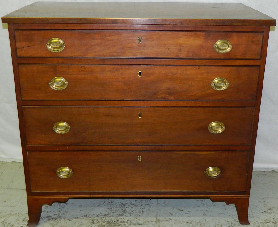 Pennsylvania cherry inlaid HW four drawer chest.: Pennsylvania cherry inlaid Hepplewhite four drawer chest with antique brasses. 40 1/4" wide x 21" deep x 37" tall.