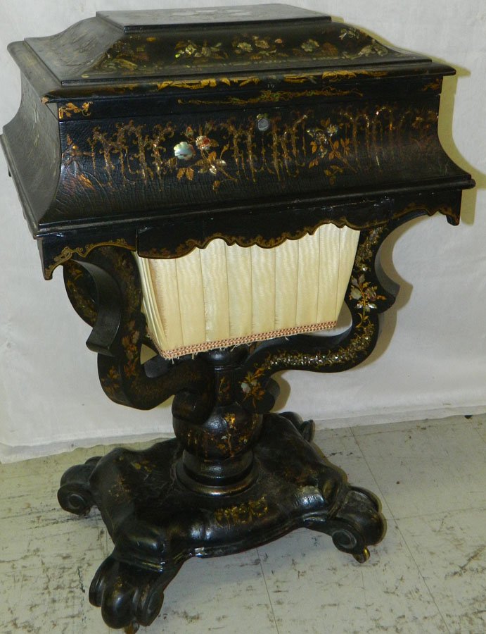 Papier mache and MOP dressing table.: Papier mache and mother of pearl dressing table. 21 1/2" wide x 17" deep x 32" tall.