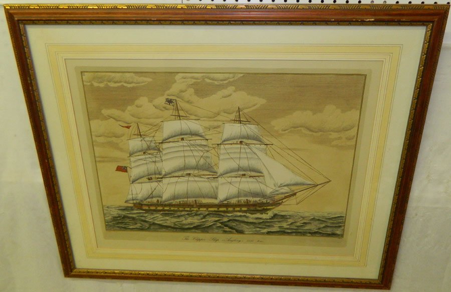 Print or engraving of a clipper ship.: Print or engraving of a clipper ship titled "The Clipper Ship Anglesey 1150 tons" from the Emerson estate. 34 1/4" x 27 3/4".