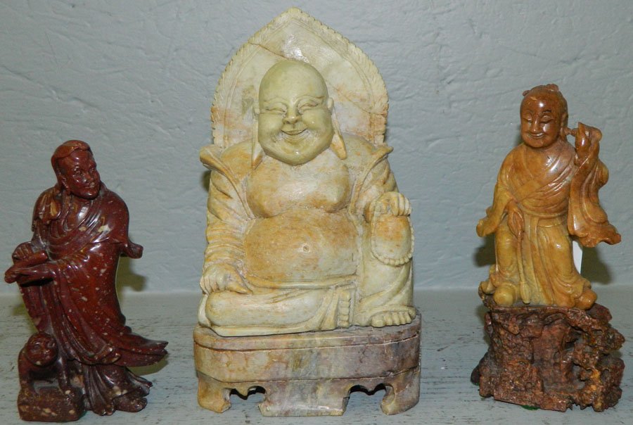 (2) Pieces of marble, (1) piece of soapstone.: (2) Pieces of marble (1) piece of soapstone. Largest Buddha has a crack. 8 1/2", 6 1/2" and 5 3/4" tall.