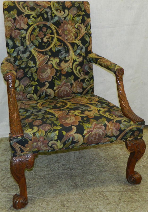 Needlepoint mah arm chair w/ carved dolphin feet.: Late 18th - early 19th Century needlepoint mahogany arm chair with carved dolphin feet from the Emerson estate. 41" back.