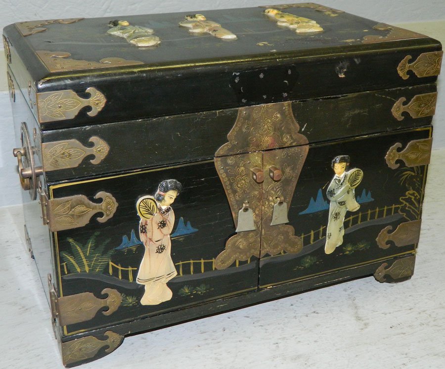 Chinoiserie jewlery box.: Chinoiserie jewlery box with carved soapstone figures. 14" wide x 9" deep x 9 1/2" tall.
