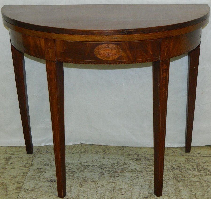 Inlaid Hepplewhite demilume game table.: Late 19th - early 20th Century inlaid Hepplewhite demilume game table. 36" x 36" x 30" tall.