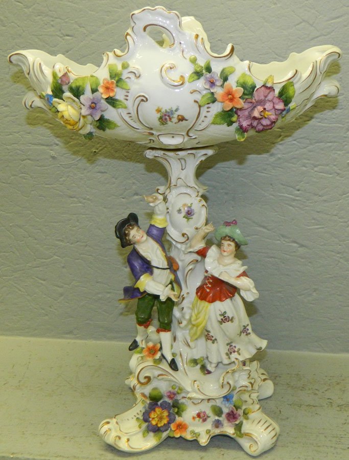 Dresden porcelain figure with compote top.: Dresden porcelain figure with compote top. 16 3/4" tall.