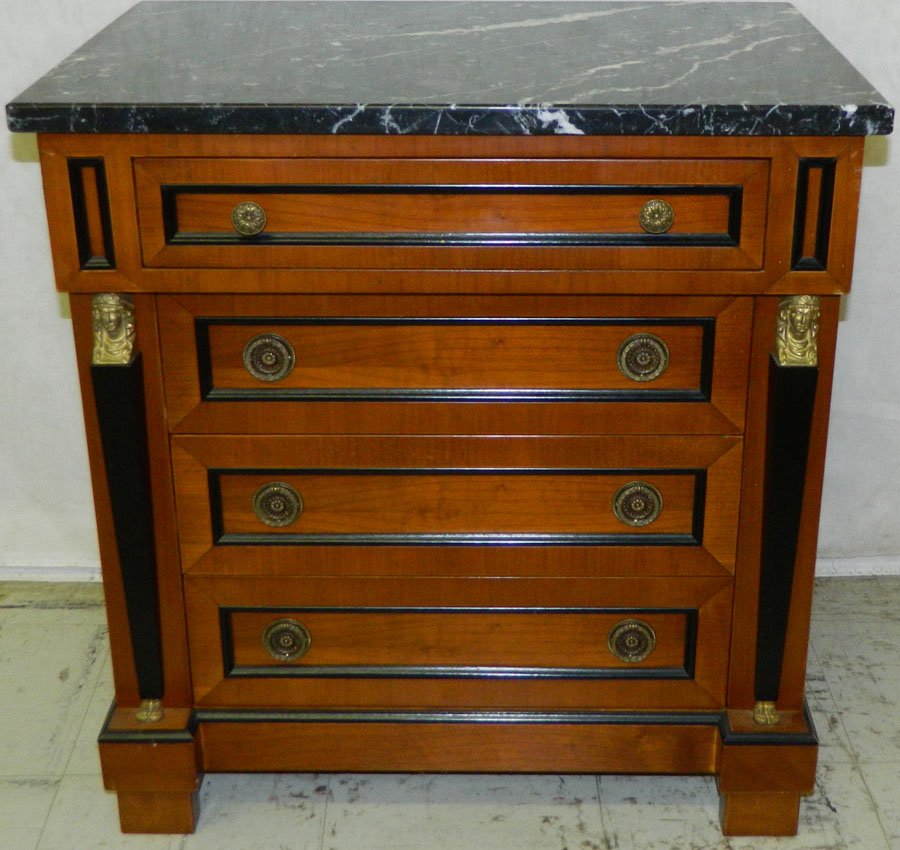French empire mt chest w/ormolu mounts.: French empire marble top chest with ormolu mounts. 23" wide x 15" deep x 24" tall.