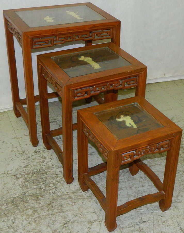 3 Oriental nest of tables w/ ivory or bone inlay.: Three Oriental nest of tables with ivory or bone inlay. 17" wide x 12 1/2" deep x 22" tall.