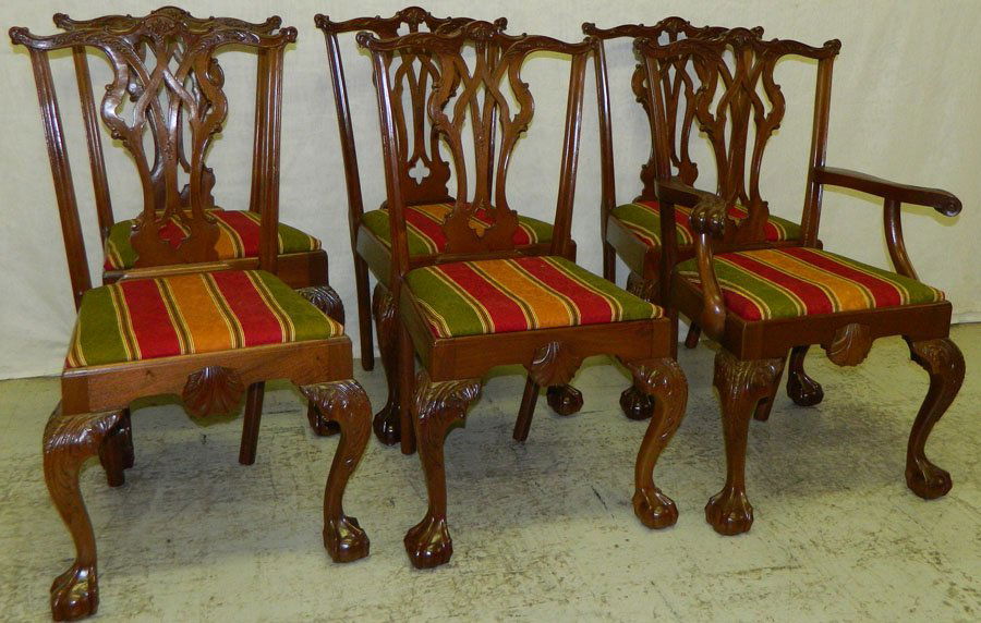 Set of 6 mah Chipp Robert Morris style chairs.: Set of 6 mahogany Chippendale Robert Morris style chairs. 38 1/2" backs.