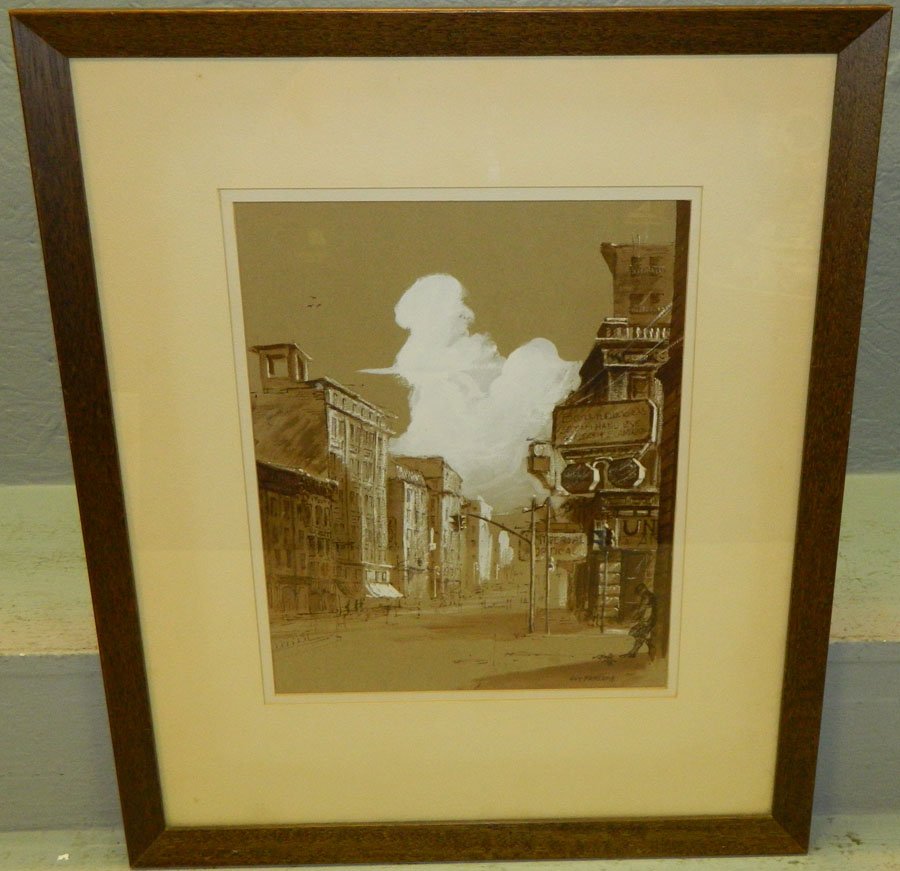 Print or engraving of a street scene, signed.: Print or engraving of a street scene, signed Guy Fairlamb. 18" x 21 1/2".
