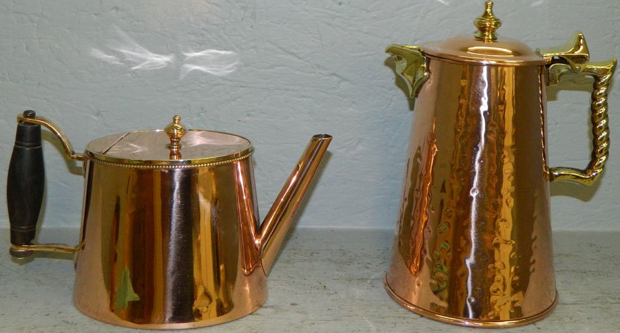 Early copper teapot and hot water pot.: Early copper teapot and hot water pot. Teapot signed S & S Gill, hot water pot signed Colonial Virginia.