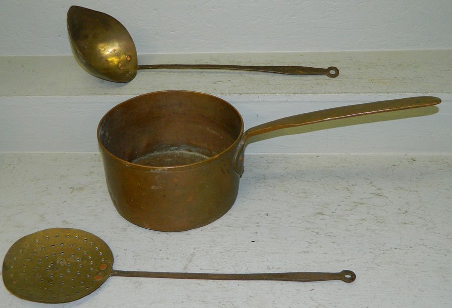 Copper pot, strainer and dipper.: Copper pot, strainer and dipper. All circa 1850. Pot 23 1/2" with handle x 6 1/4".