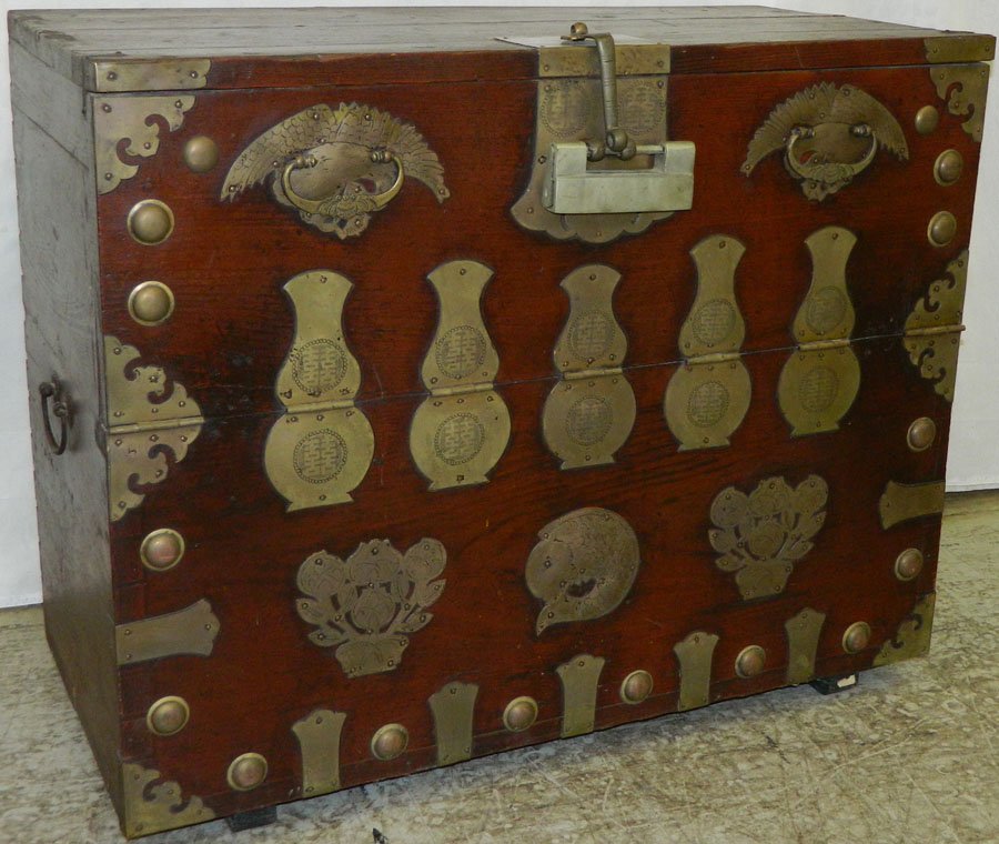 19th C Korean fitted blanket chest.: 19th Century Korean fitted blanket chest with numerous brass hinges and mounts. 37 3/4" wide x 18" deep x 30 1/2" tall.