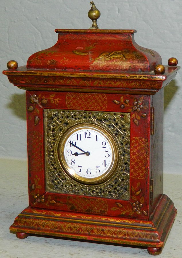 Clock case w/pocket watch movement.: Chinoiserie clock case with Diamond Watch Co. movement and 6 jewels. 7" tall.
